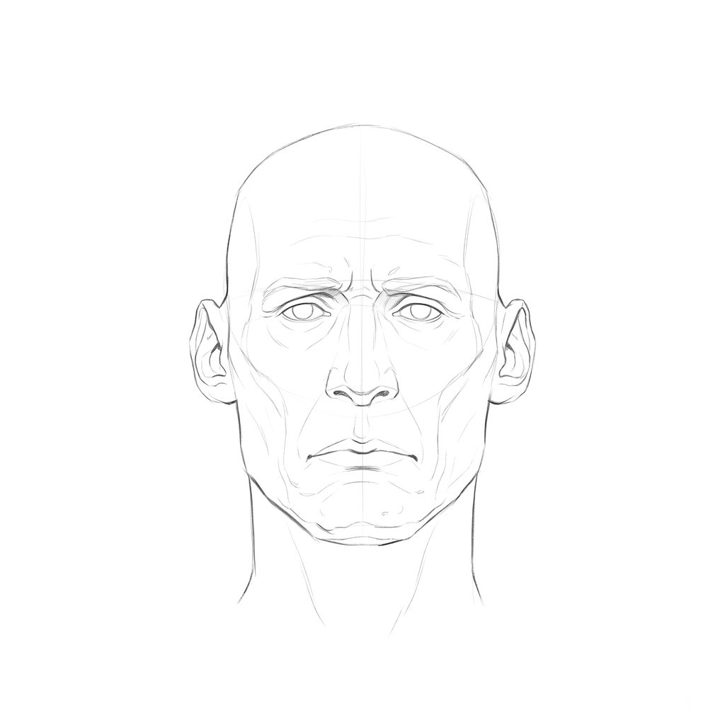 Head rotation reference, Gaunt planes, 0 degrees front view, pencil drawing