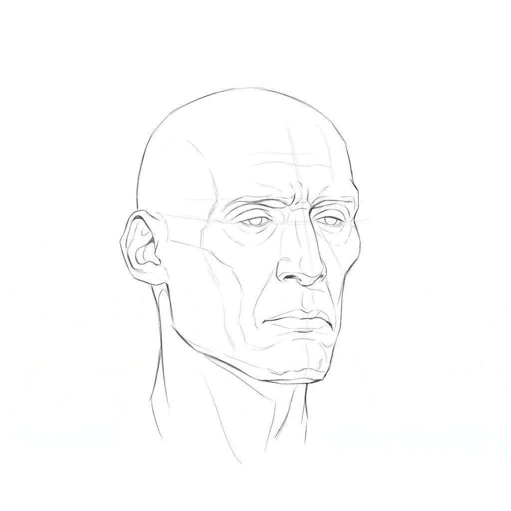 Head rotation reference, Gaunt planes, 22.5 degrees slight three-quarter view, pencil drawing