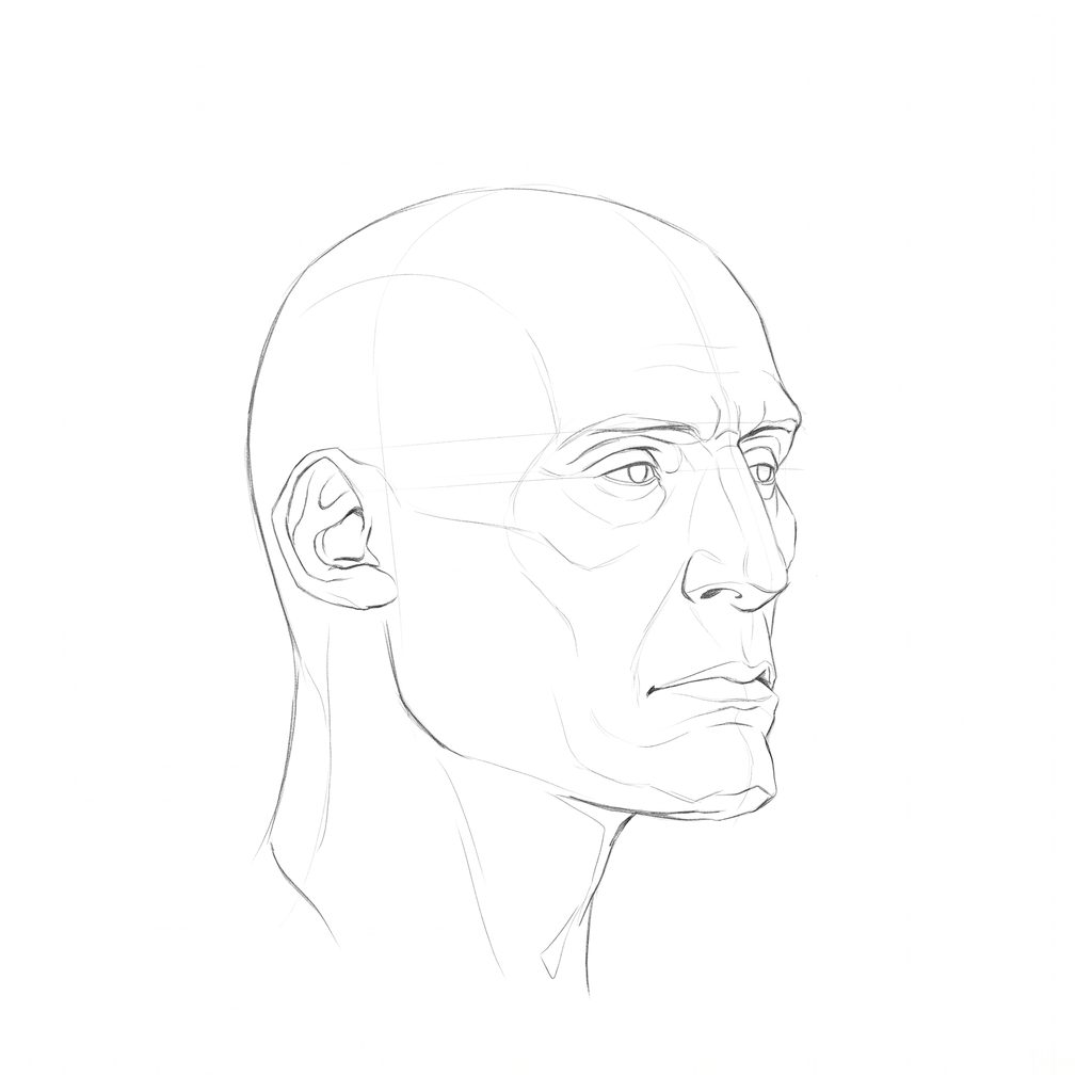 Head rotation reference, Gaunt planes, 45 degrees three-quarter view, pencil drawing