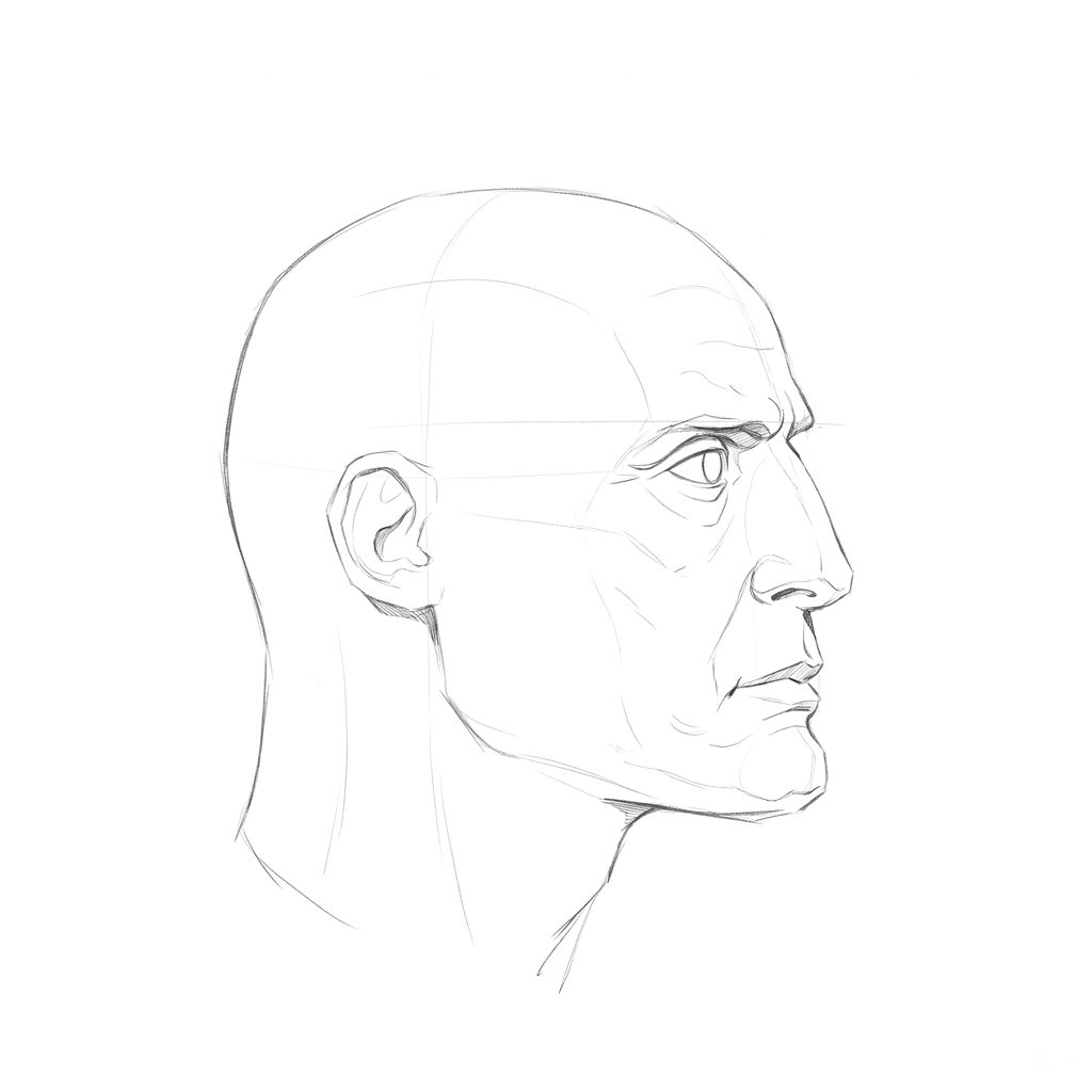 Head rotation reference, Gaunt planes, 67.5 degrees near-profile view, pencil drawing
