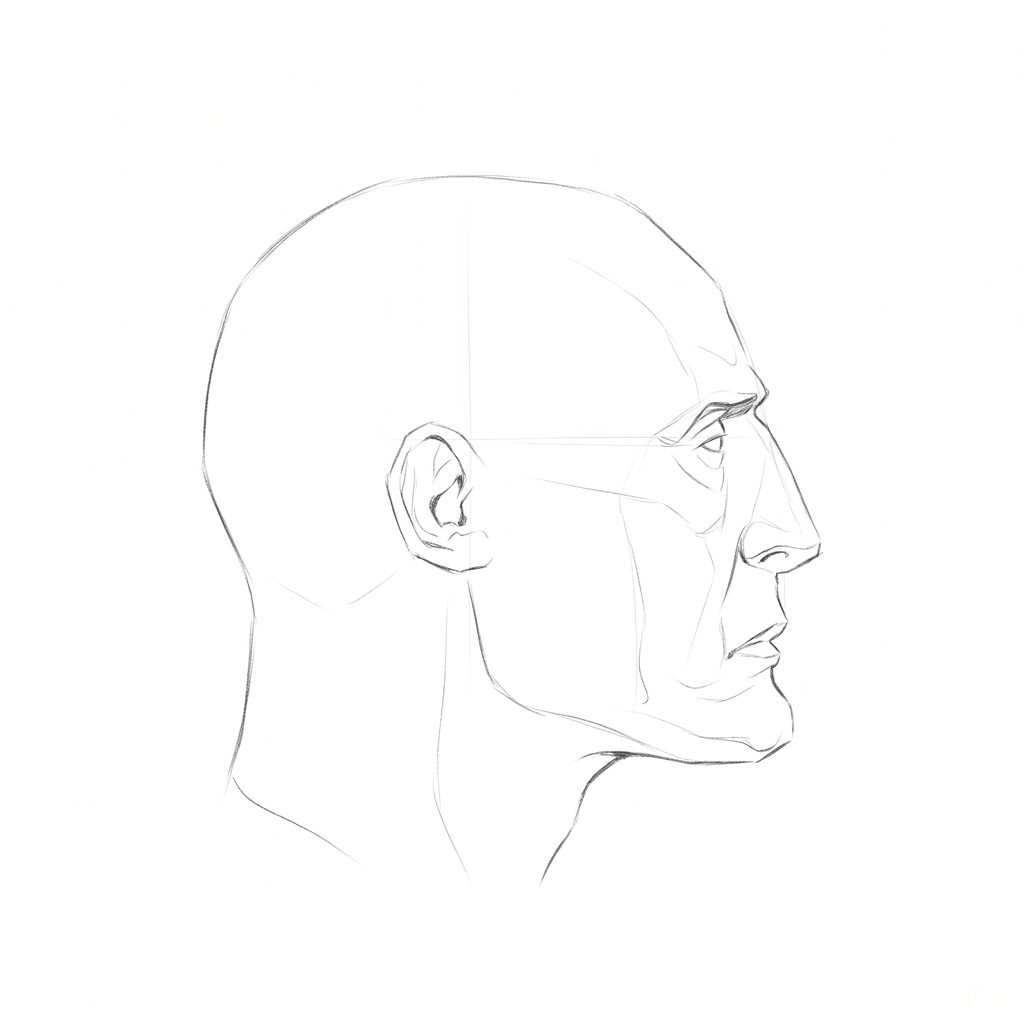Head rotation reference, Gaunt planes, 90 degrees profile, pencil drawing