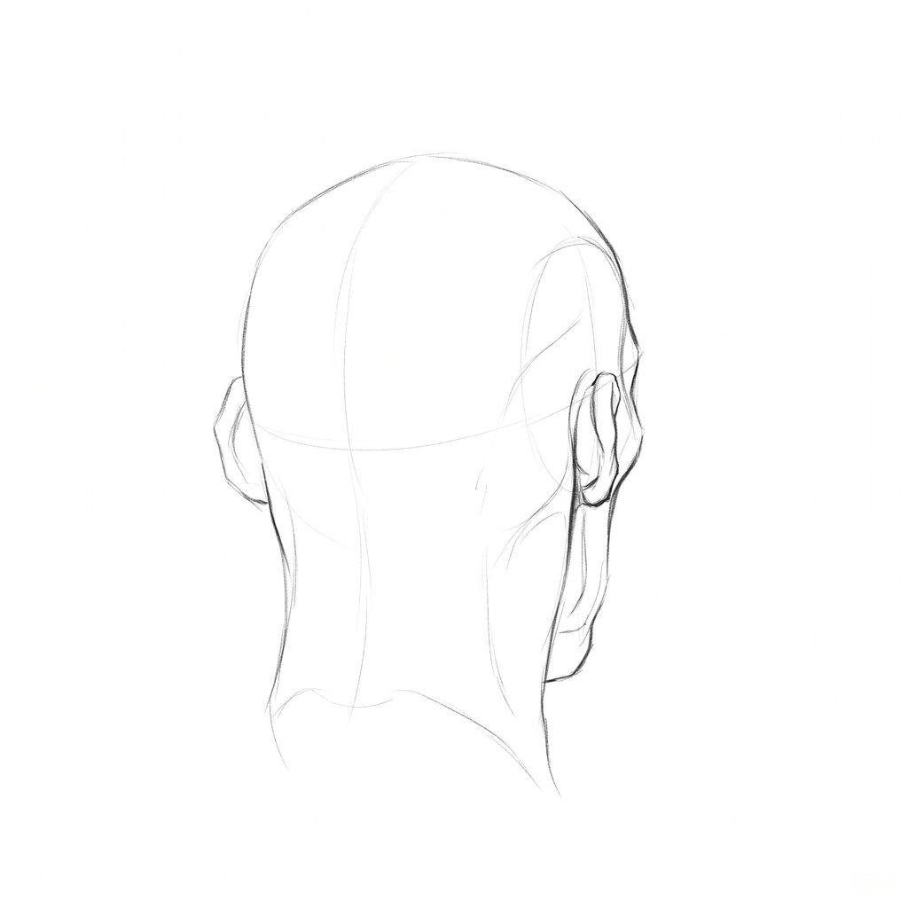Head rotation reference, Gaunt planes, 157.5 degrees near-back view, pencil drawing