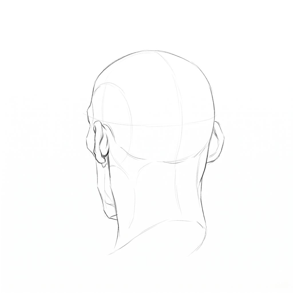 Head rotation reference, Gaunt planes, 202.5 degrees near-back view, pencil drawing