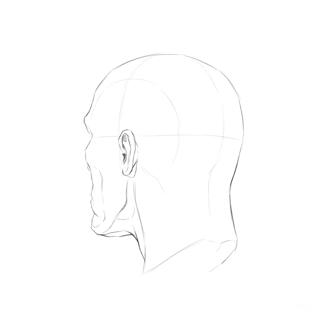 Head rotation reference, Gaunt planes, 225 degrees rear three-quarter, pencil drawing