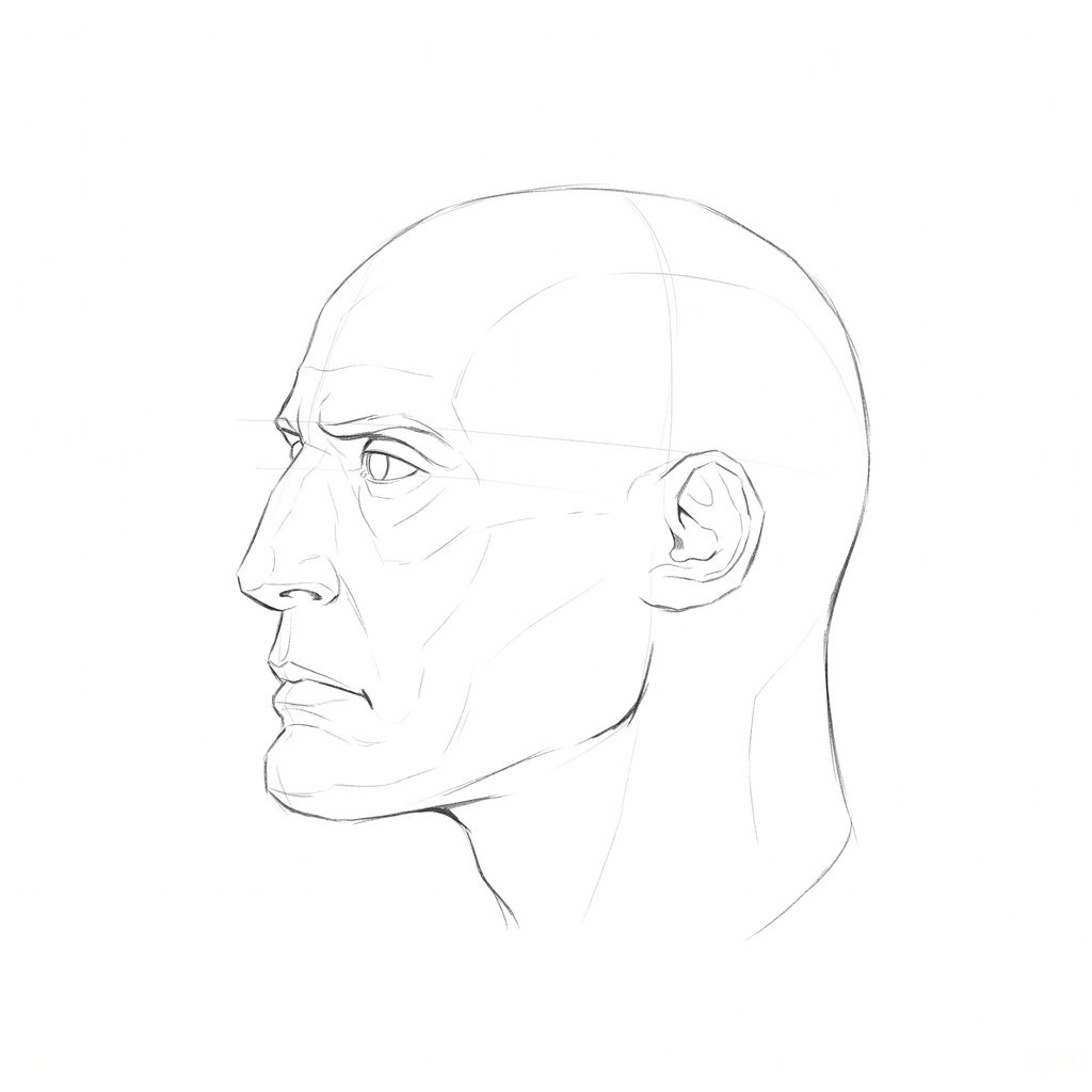Head rotation reference, Gaunt planes, 292.5 degrees near-profile view, pencil drawing