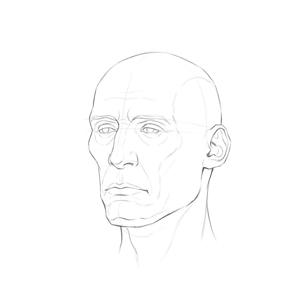 Head rotation reference, Gaunt planes, 337.5 degrees slight three-quarter view, pencil drawing