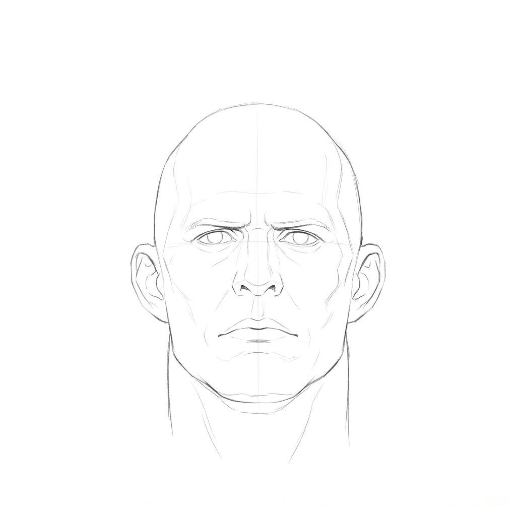 Head rotation reference, Heavy jaw, 0 degrees front view, pencil drawing