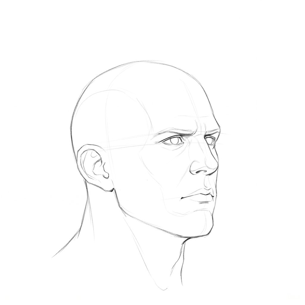 Head rotation reference, Heavy jaw, 45 degrees three-quarter view, pencil drawing