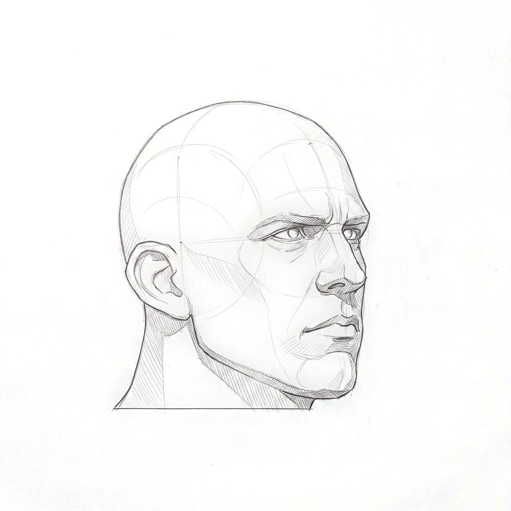 Head rotation reference, Heavy jaw, 45 degrees three-quarter view, tonal drawing