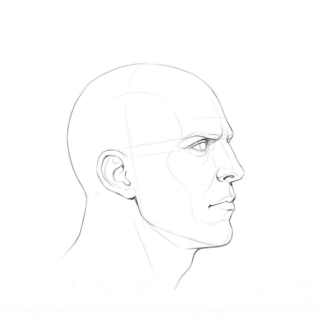 Head rotation reference, Heavy jaw, 67.5 degrees near-profile view, pencil drawing