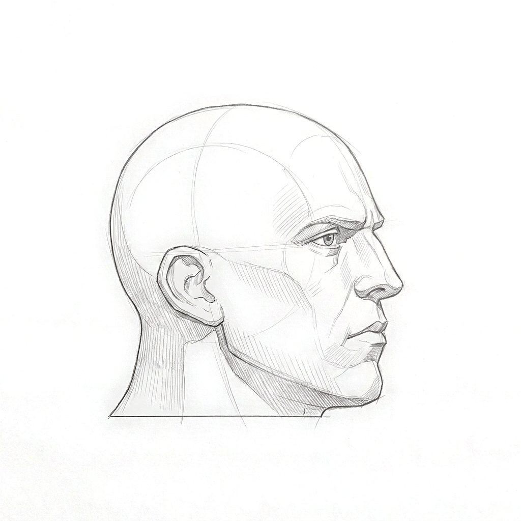 Head rotation reference, Heavy jaw, 67.5 degrees near-profile view, tonal drawing