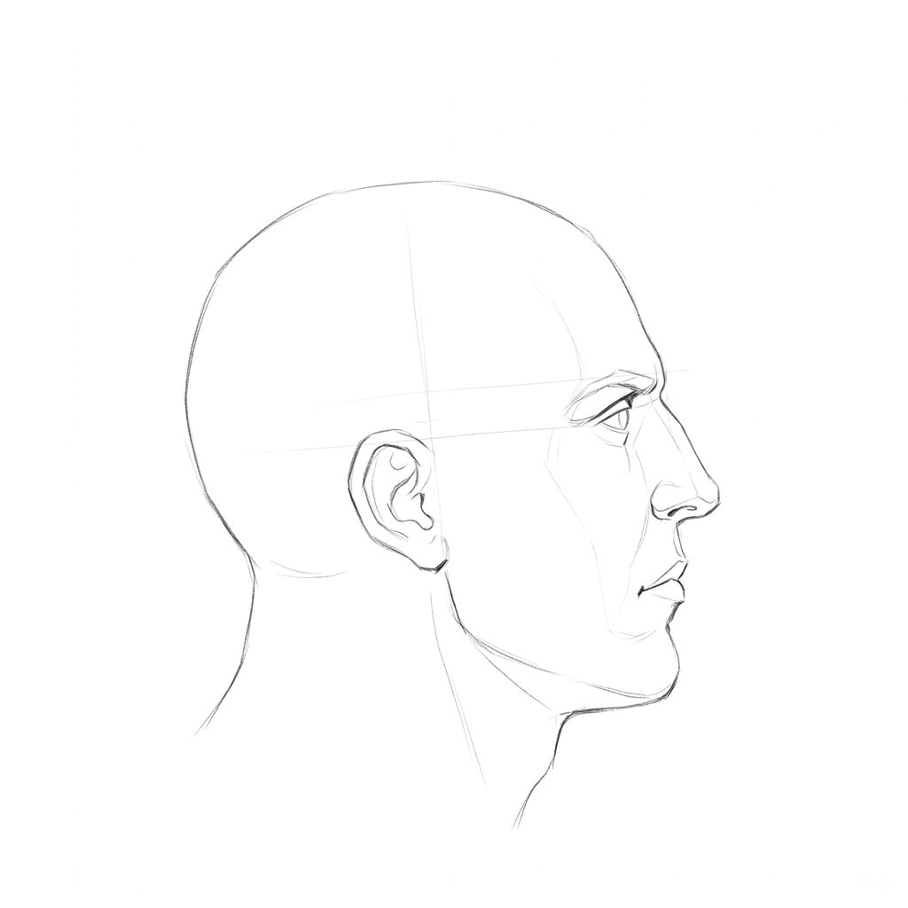 Head rotation reference, Heavy jaw, 90 degrees profile, pencil drawing