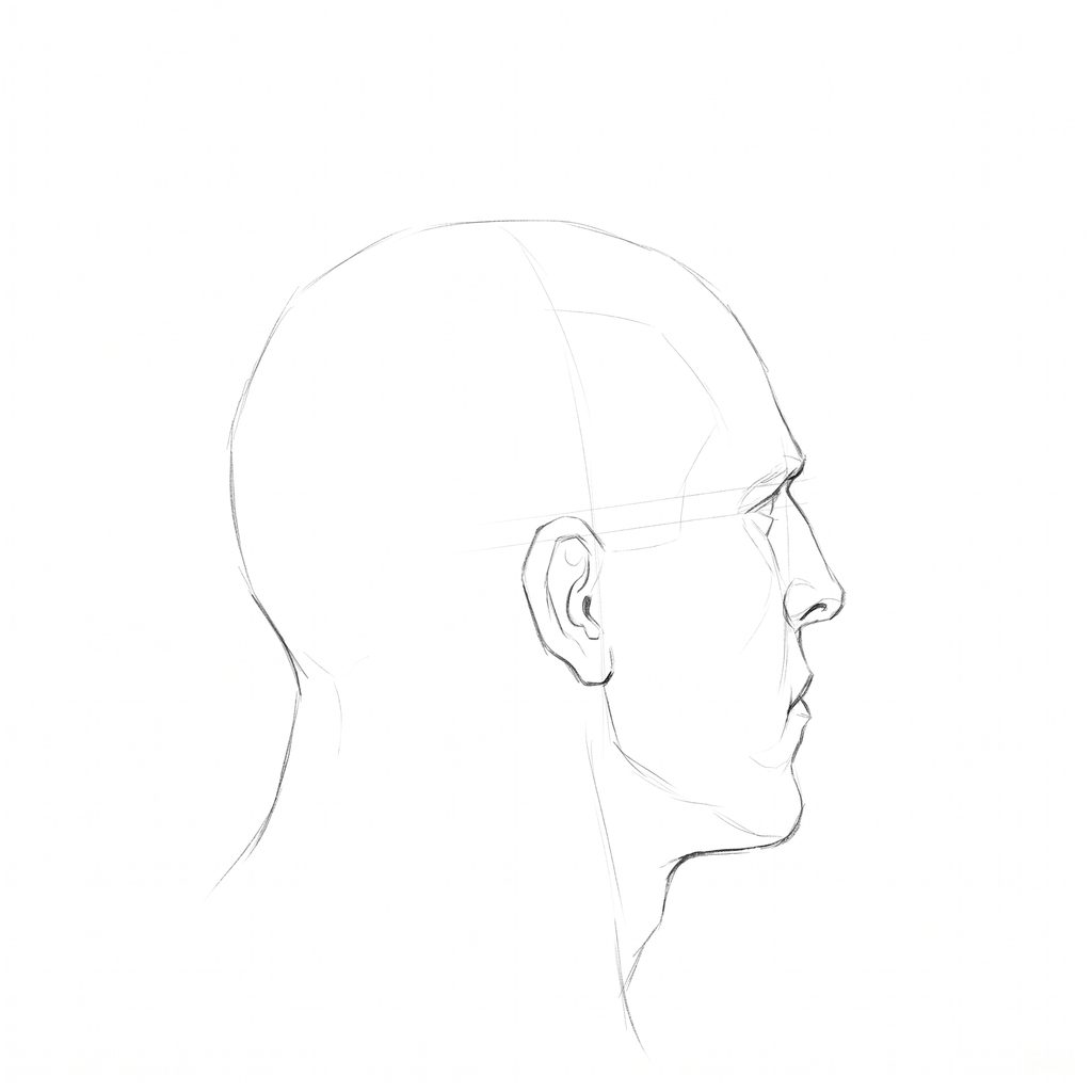 Head rotation reference, Heavy jaw, 112.5 degrees just behind profile, pencil drawing