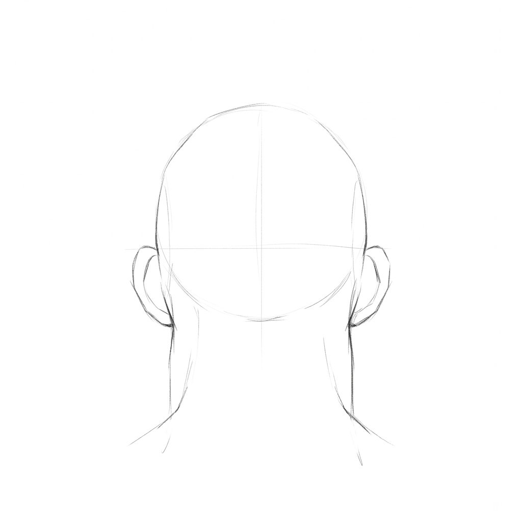 Head rotation reference, Heavy jaw, 180 degrees back view, pencil drawing