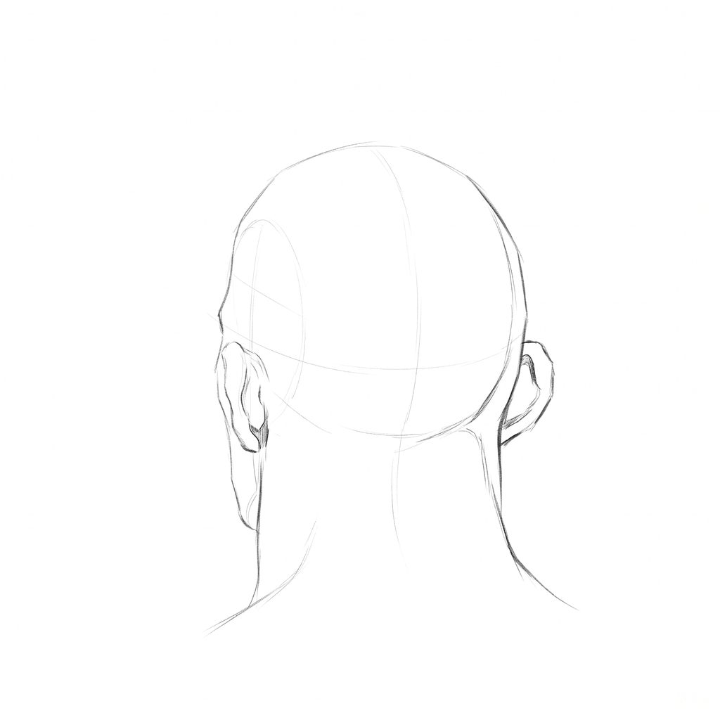 Head rotation reference, Heavy jaw, 202.5 degrees near-back view, pencil drawing