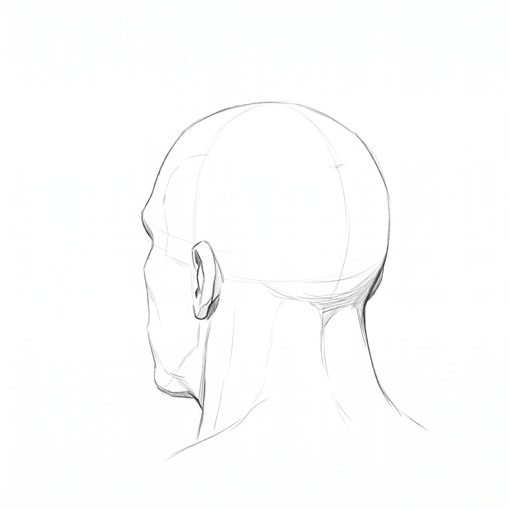 Head rotation reference, Heavy jaw, 225 degrees rear three-quarter, pencil drawing