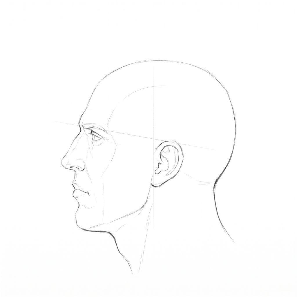 Head rotation reference, Heavy jaw, 270 degrees profile, pencil drawing