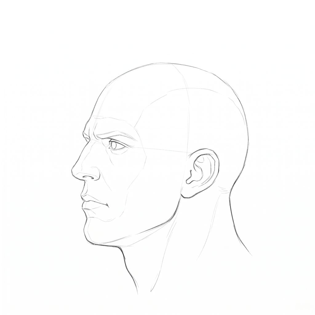 Head rotation reference, Heavy jaw, 292.5 degrees near-profile view, pencil drawing