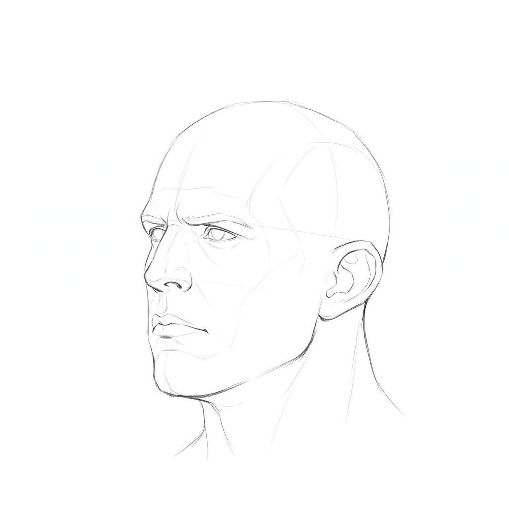 Head rotation reference, Heavy jaw, 315 degrees three-quarter view, pencil drawing