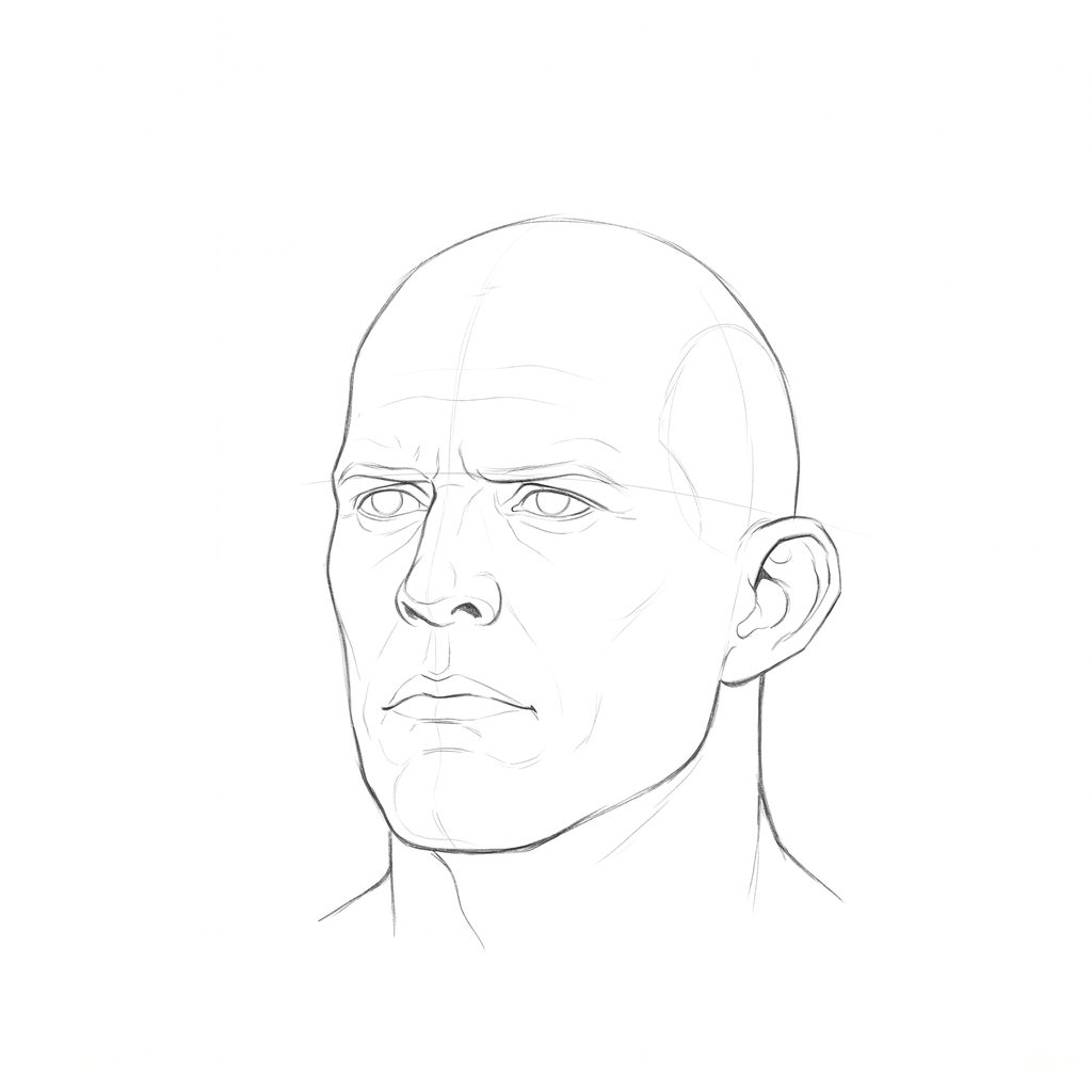 Head rotation reference, Heavy jaw, 337.5 degrees slight three-quarter view, pencil drawing