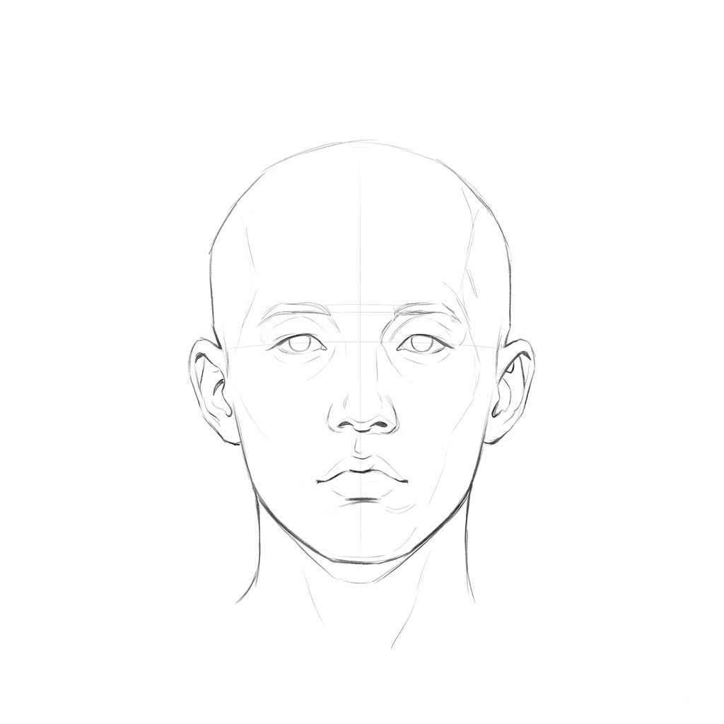 Head rotation reference, Minimal head, 0 degrees front view, pencil drawing