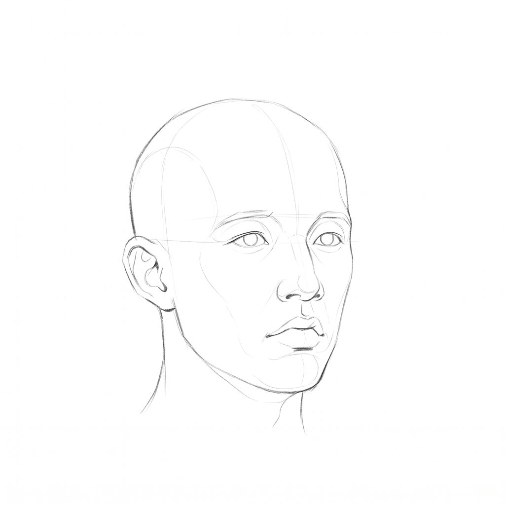 Head rotation reference, Minimal head, 22.5 degrees slight three-quarter view, pencil drawing