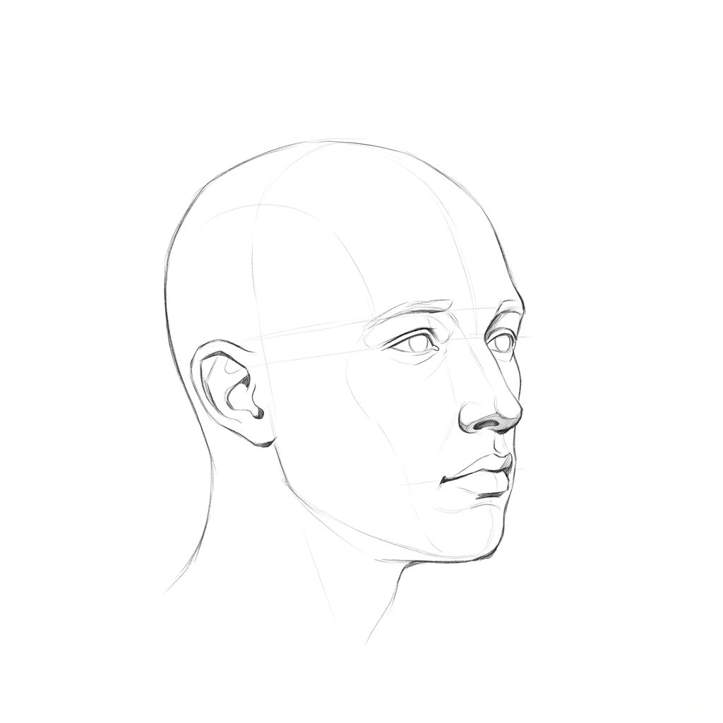 Head rotation reference, Minimal head, 45 degrees three-quarter view, pencil drawing