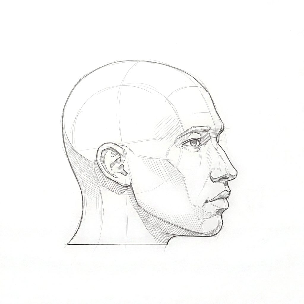 Head rotation reference, Minimal head, 67.5 degrees near-profile view, tonal drawing