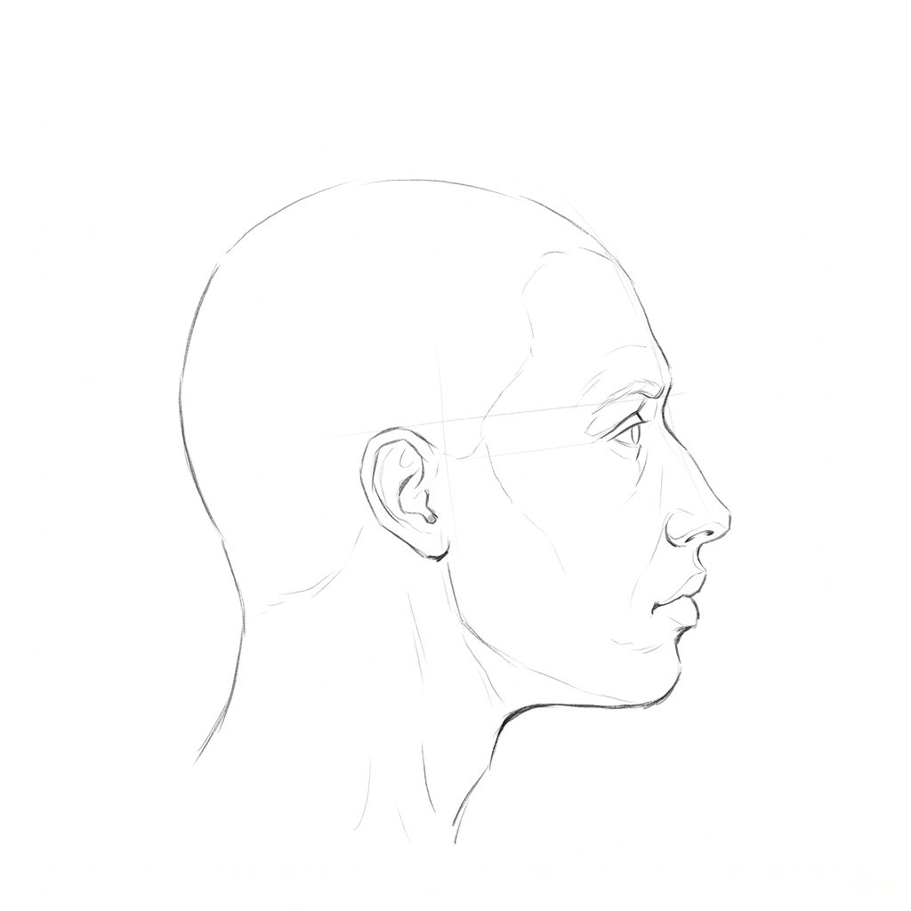 Head rotation reference, Minimal head, 90 degrees profile, pencil drawing