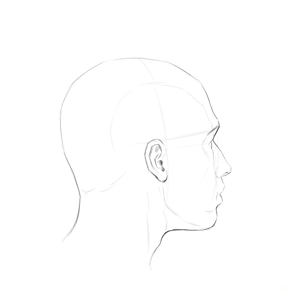 Head rotation reference, Minimal head, 112.5 degrees just behind profile, pencil drawing