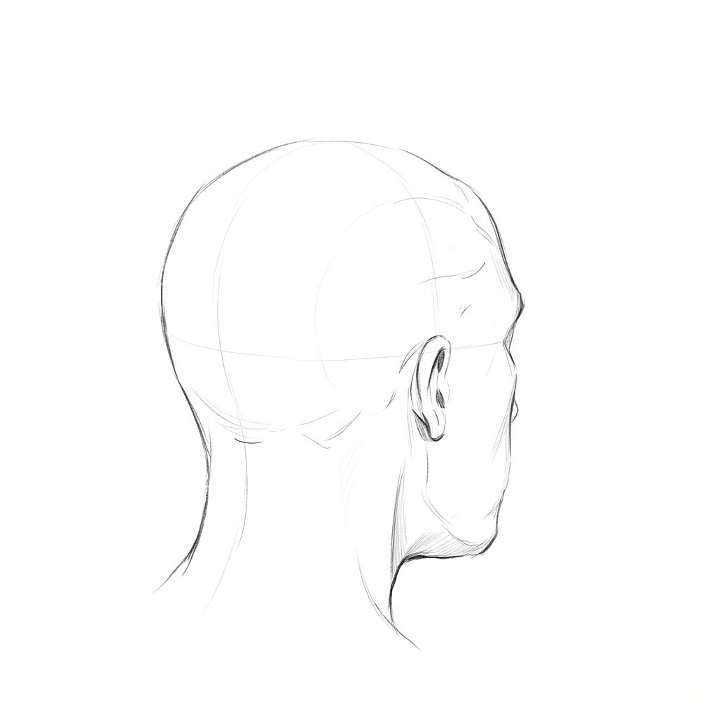 Head rotation reference, Minimal head, 135 degrees rear three-quarter, pencil drawing