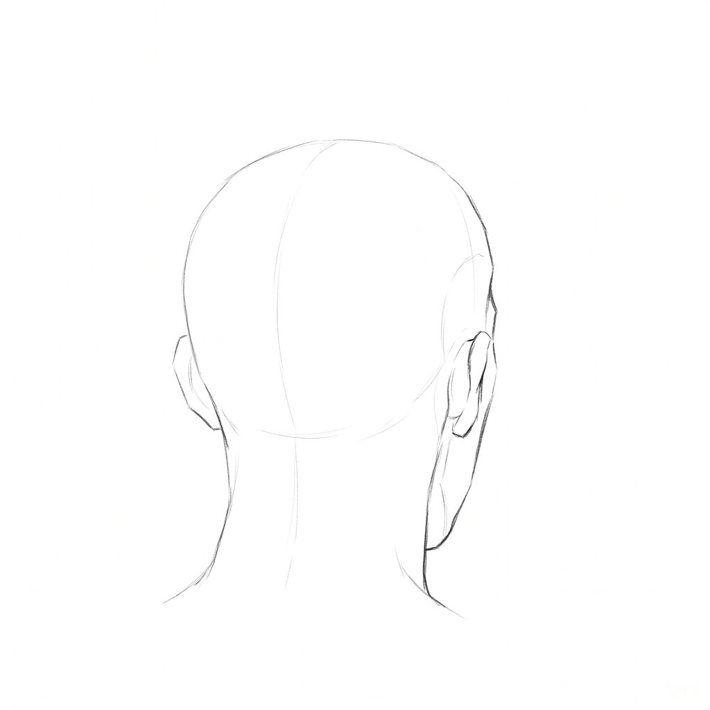 Head rotation reference, Minimal head, 157.5 degrees near-back view, pencil drawing