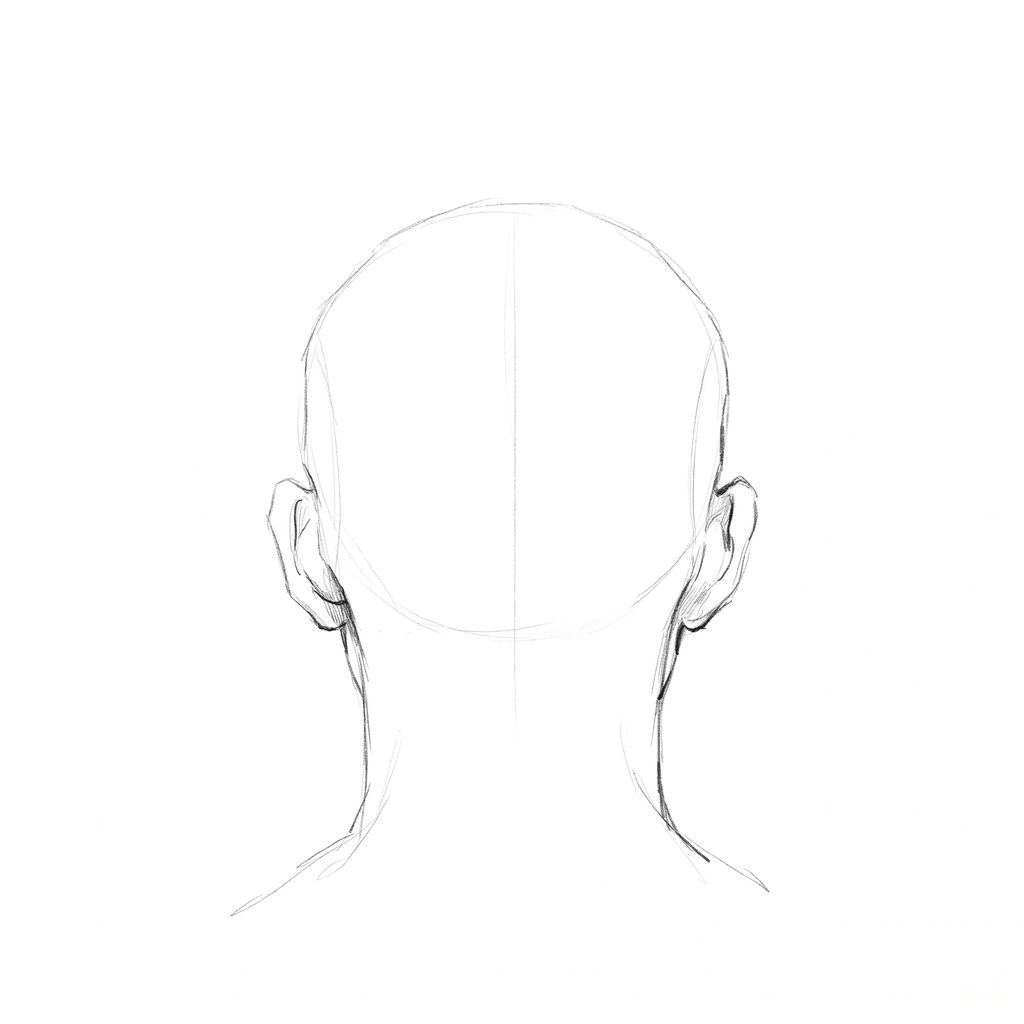 Head rotation reference, Minimal head, 180 degrees back view, pencil drawing