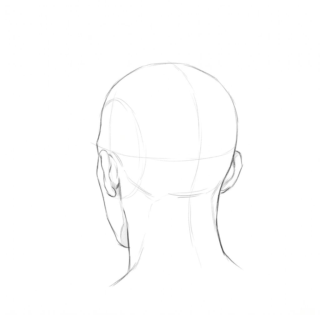 Head rotation reference, Minimal head, 202.5 degrees near-back view, pencil drawing