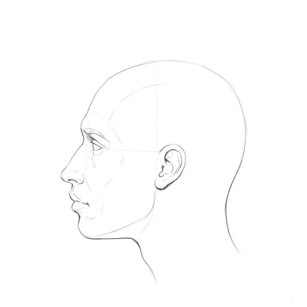 Head rotation reference, Minimal head, 270 degrees profile, pencil drawing