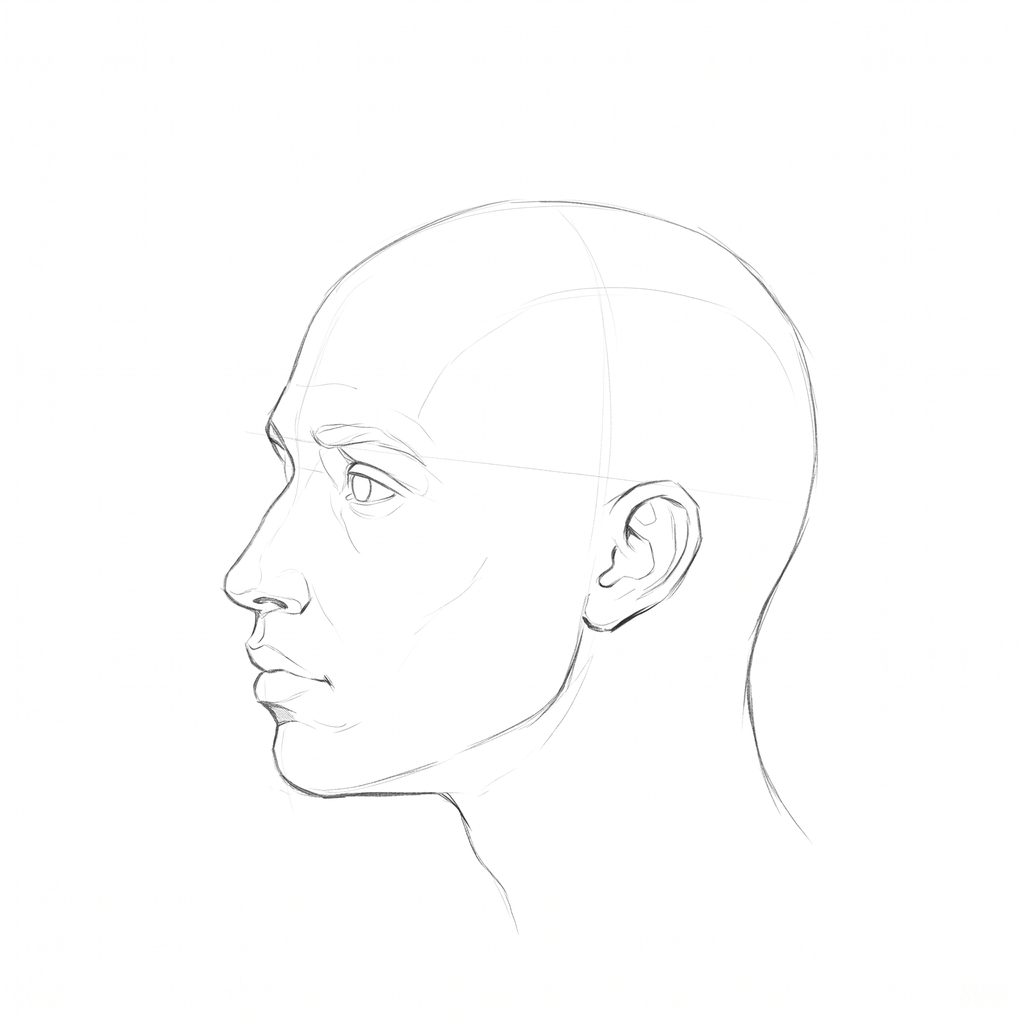 Head rotation reference, Minimal head, 292.5 degrees near-profile view, pencil drawing