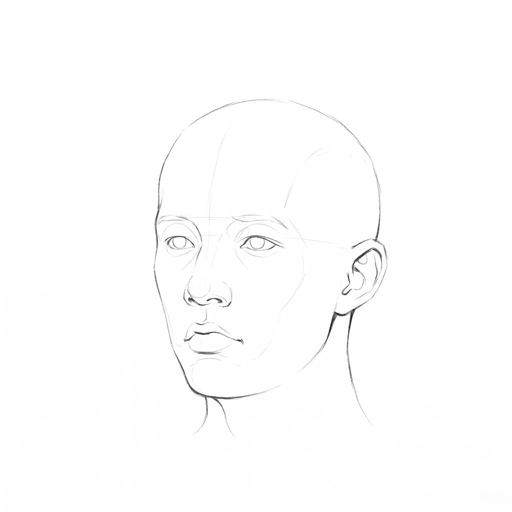 Head rotation reference, Minimal head, 337.5 degrees slight three-quarter view, pencil drawing