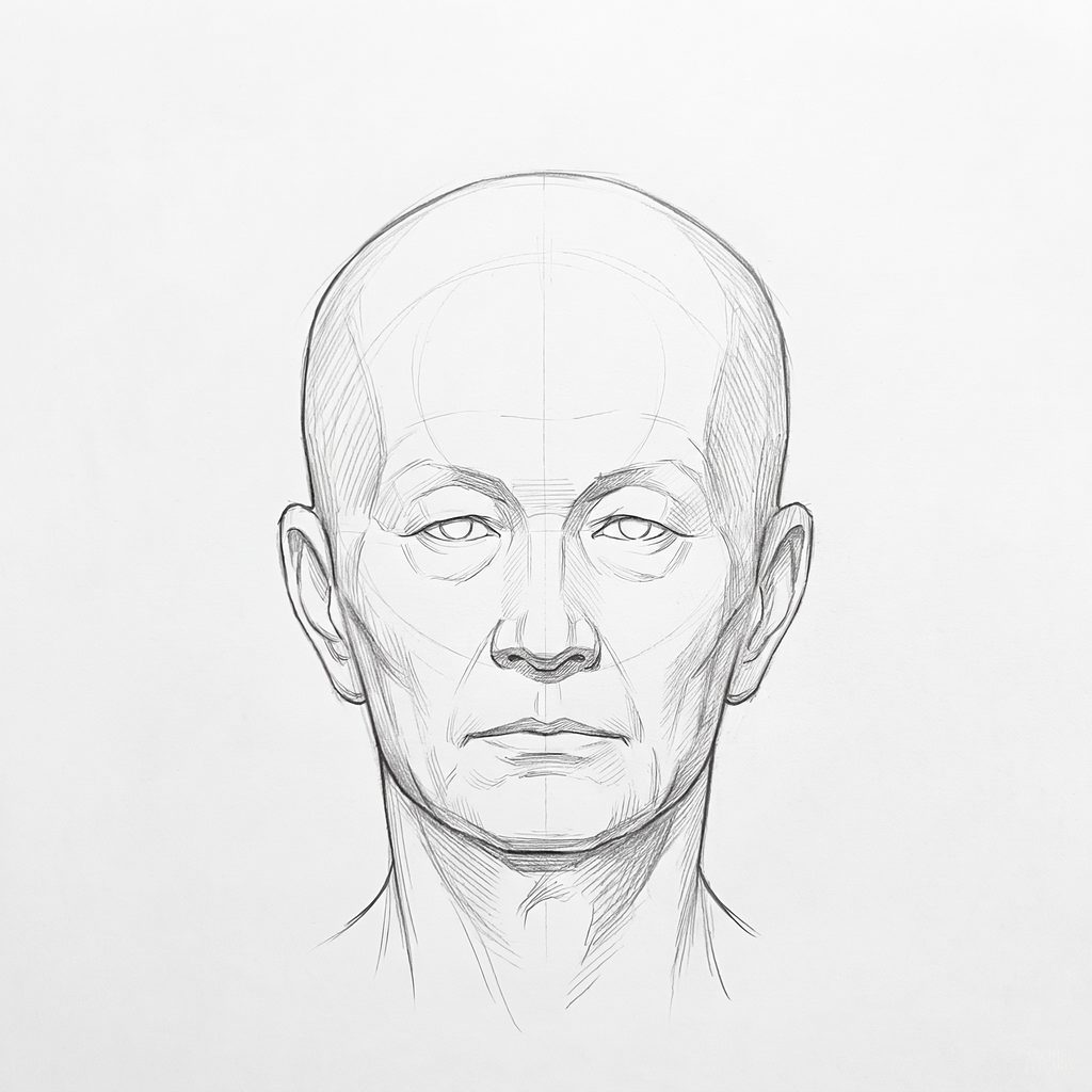 Head rotation reference, Deep folds, 0 degrees front view, tonal drawing