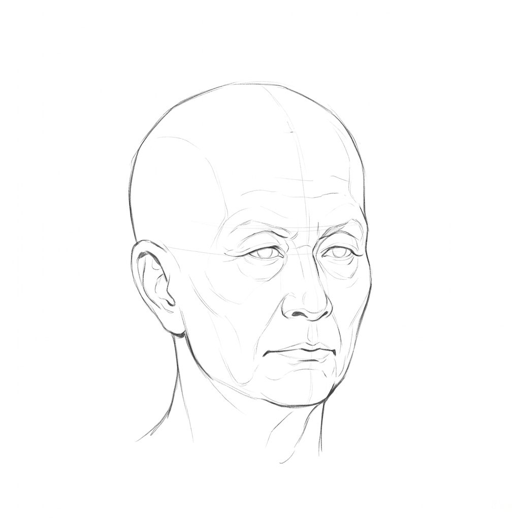 Head rotation reference, Deep folds, 22.5 degrees slight three-quarter view, pencil drawing