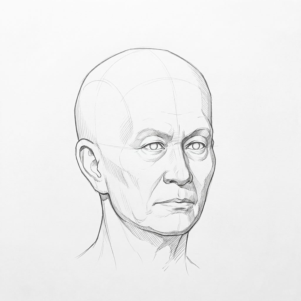 Head rotation reference, Deep folds, 22.5 degrees slight three-quarter view, tonal drawing