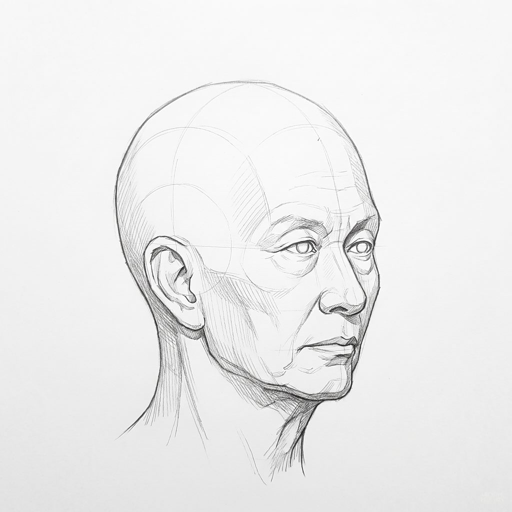 Head rotation reference, Deep folds, 45 degrees three-quarter view, tonal drawing