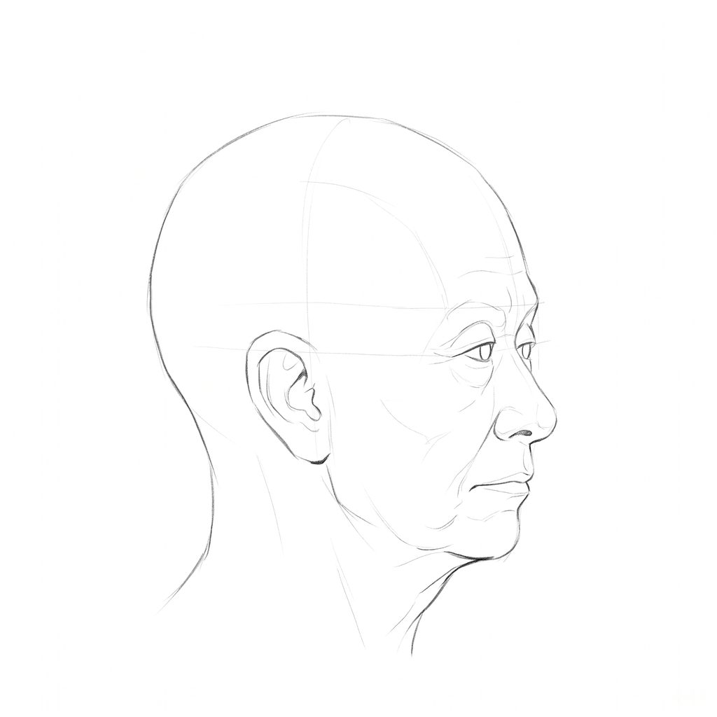Head rotation reference, Deep folds, 67.5 degrees near-profile view, pencil drawing