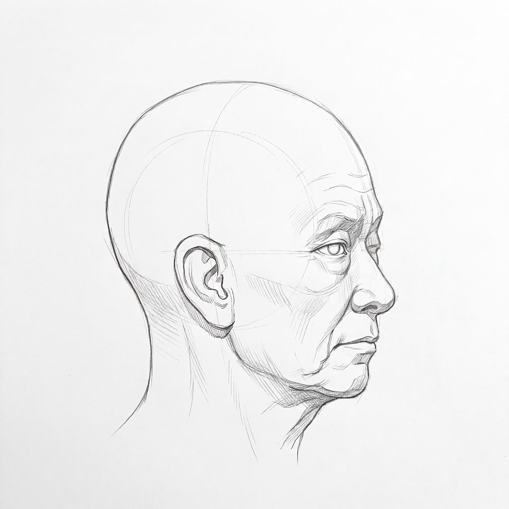 Head rotation reference, Deep folds, 67.5 degrees near-profile view, tonal drawing