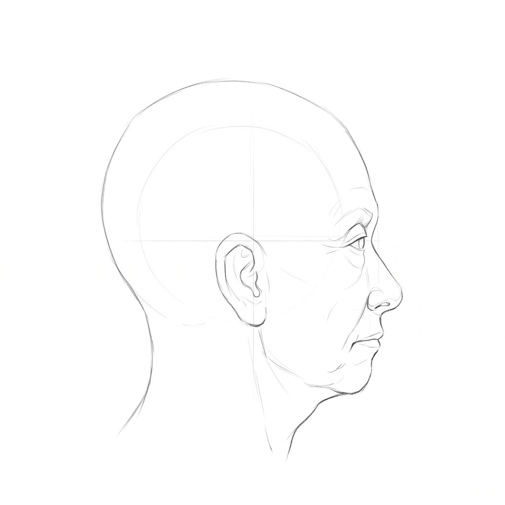 Head rotation reference, Deep folds, 90 degrees profile, pencil drawing