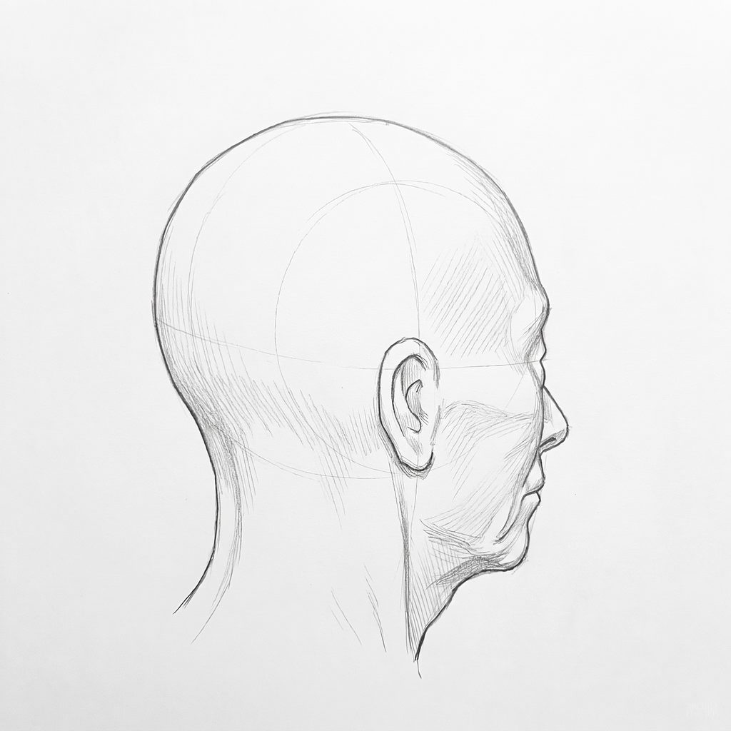 Head rotation reference, Deep folds, 112.5 degrees just behind profile, tonal drawing