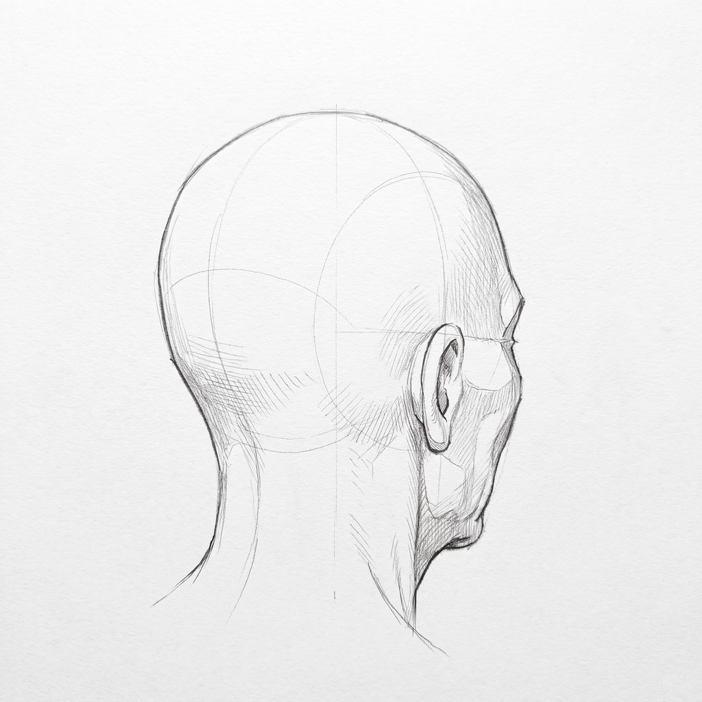 Head rotation reference, Deep folds, 135 degrees rear three-quarter, tonal drawing