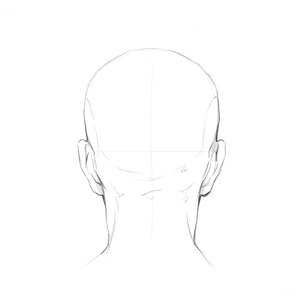 Head rotation reference, Deep folds, 180 degrees back view, pencil drawing
