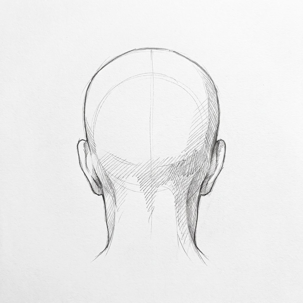 Head rotation reference, Deep folds, 180 degrees back view, tonal drawing