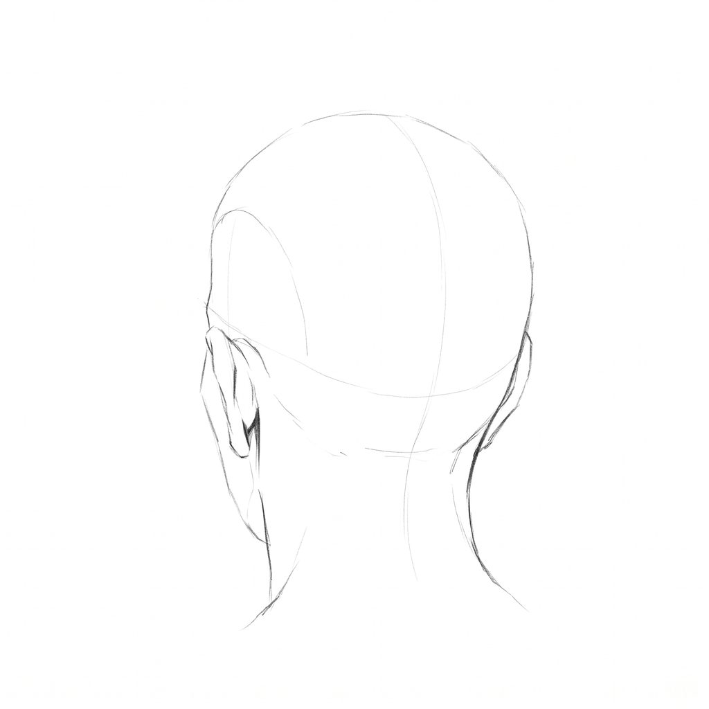 Head rotation reference, Deep folds, 202.5 degrees near-back view, pencil drawing