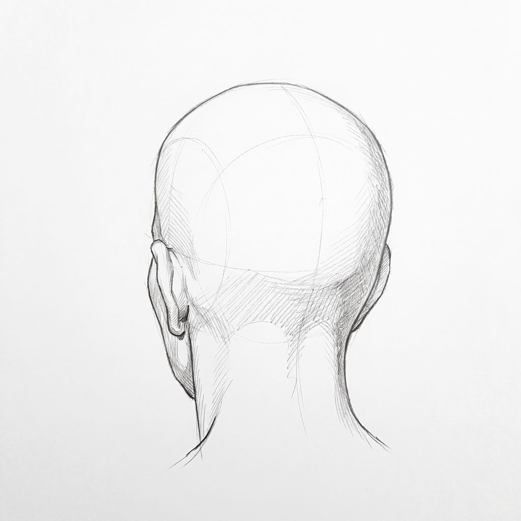 Head rotation reference, Deep folds, 202.5 degrees near-back view, tonal drawing